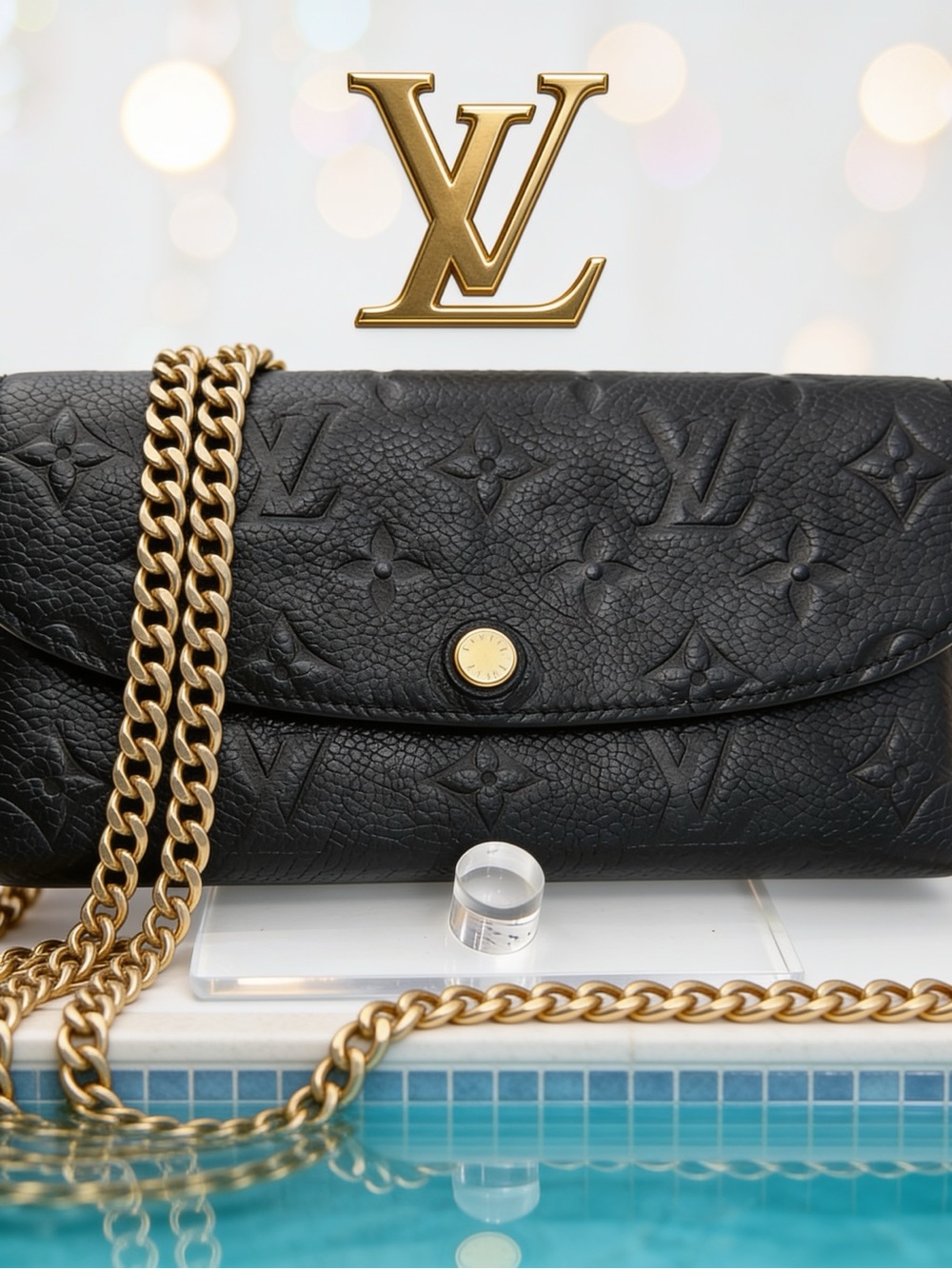 LOUIS VUITTON Emilie Wallet Noir Black Monogram Empreinte Leather w Chain $1698
